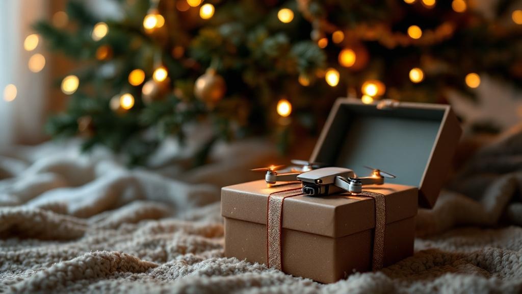 Eine festlich verpackte Drohne unter einem Weihnachtsbaum mit funkelnden Lichtern
