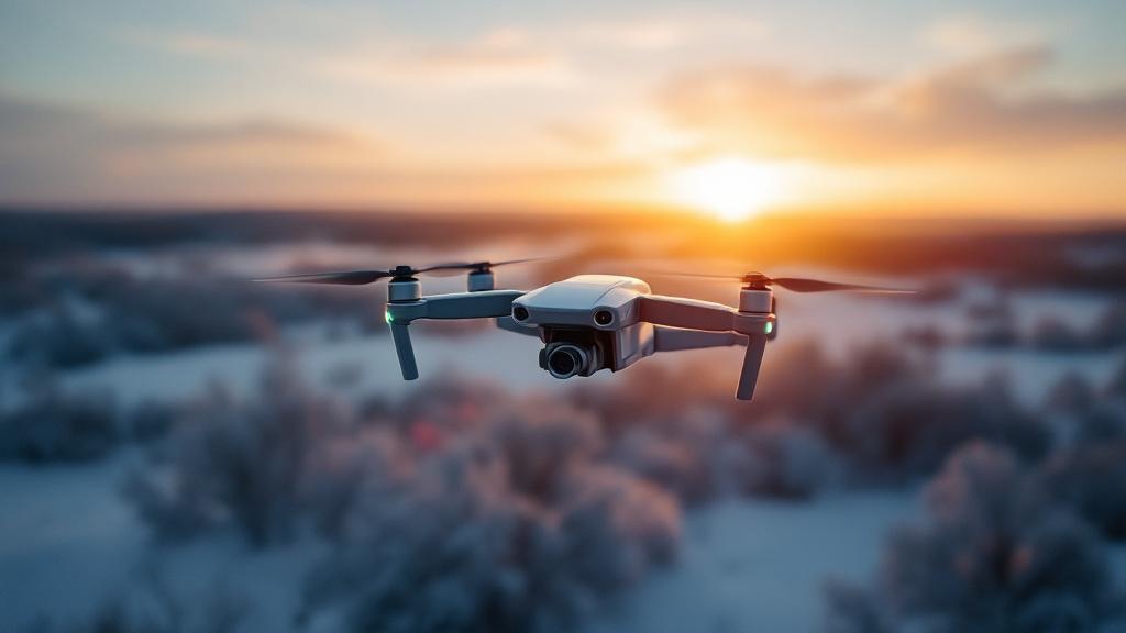 DJI Mini 4 Pro fliegt über eine winterliche Landschaft