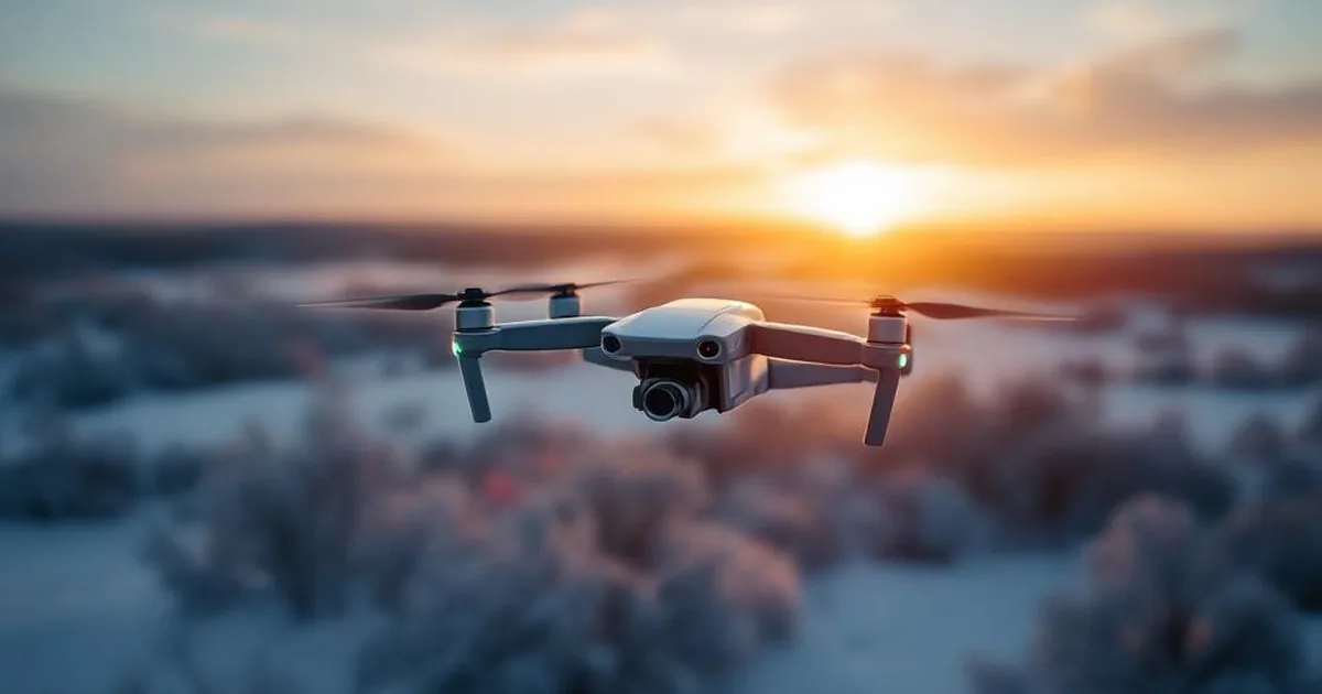 DJI Mini 4 Pro fliegt über eine winterliche Landschaft
