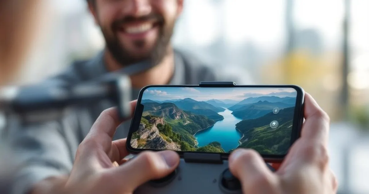 Nahaufnahme der DJI Neo, wie sie auf einem Smartphone-Bildschirm eine Landschaft aufnimmt, im Hintergrund unscharf ein lächelnder Mensch, der die Drohne steuert