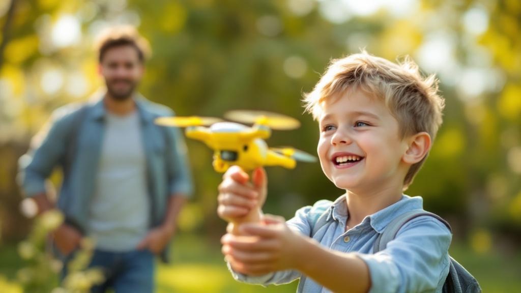 Kind fliegt eine Drohne im Garten unter Aufsicht