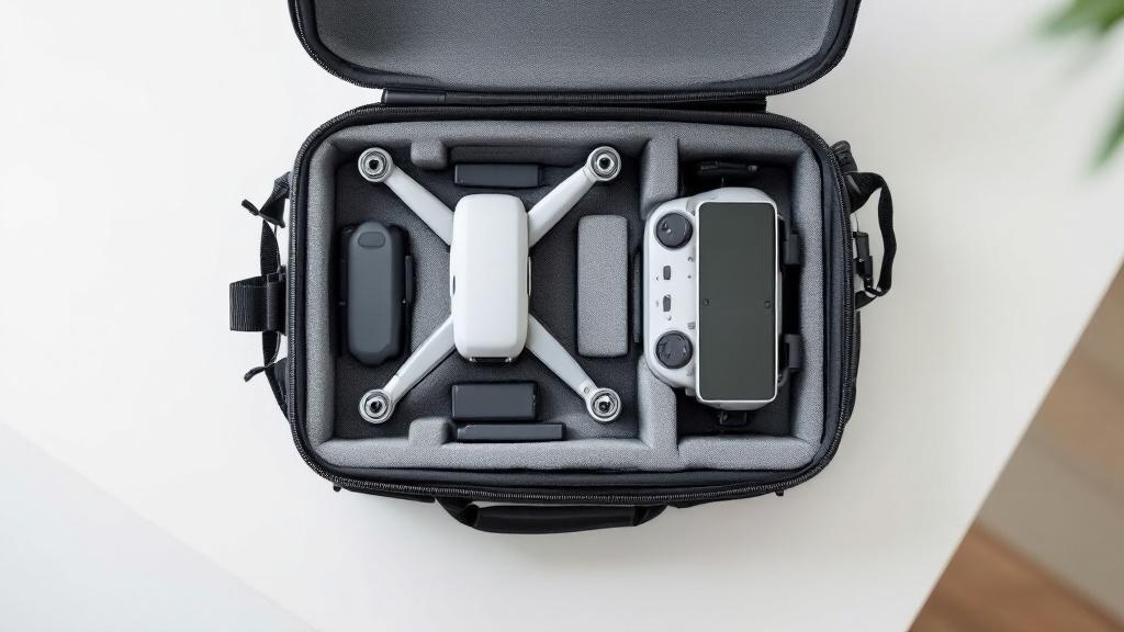 Eine Drohne unter 250g liegt zusammen mit einem Controller und Ersatzakkus in einer gepolsterten Transporttasche.