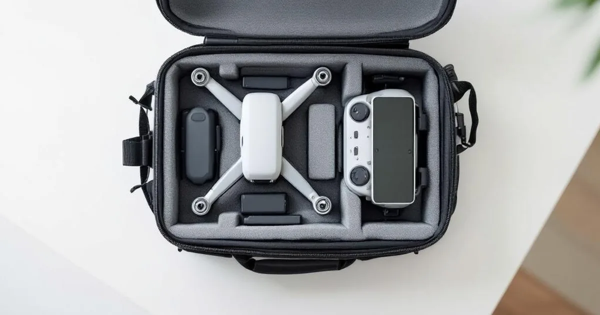 Eine Drohne unter 250g liegt zusammen mit einem Controller und Ersatzakkus in einer gepolsterten Transporttasche.