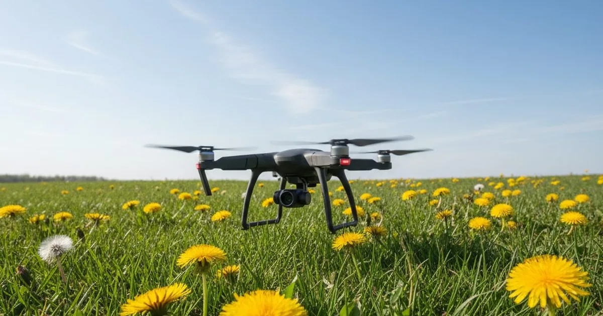 Kleine weiße Drohne startet auf einer Frühlingswiese, Gänseblümchen im Vordergrund, blauer Himmel, kein Text