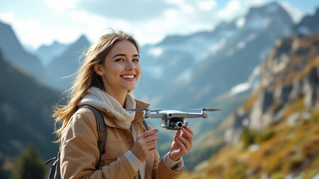 Junge Frau hält Drohne in den Händen und lächelt, im Hintergrund Berge