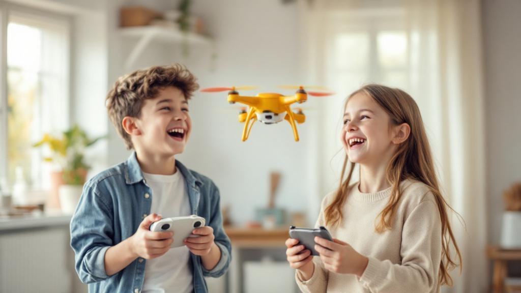 Kinder lachen beim Drohnenflug