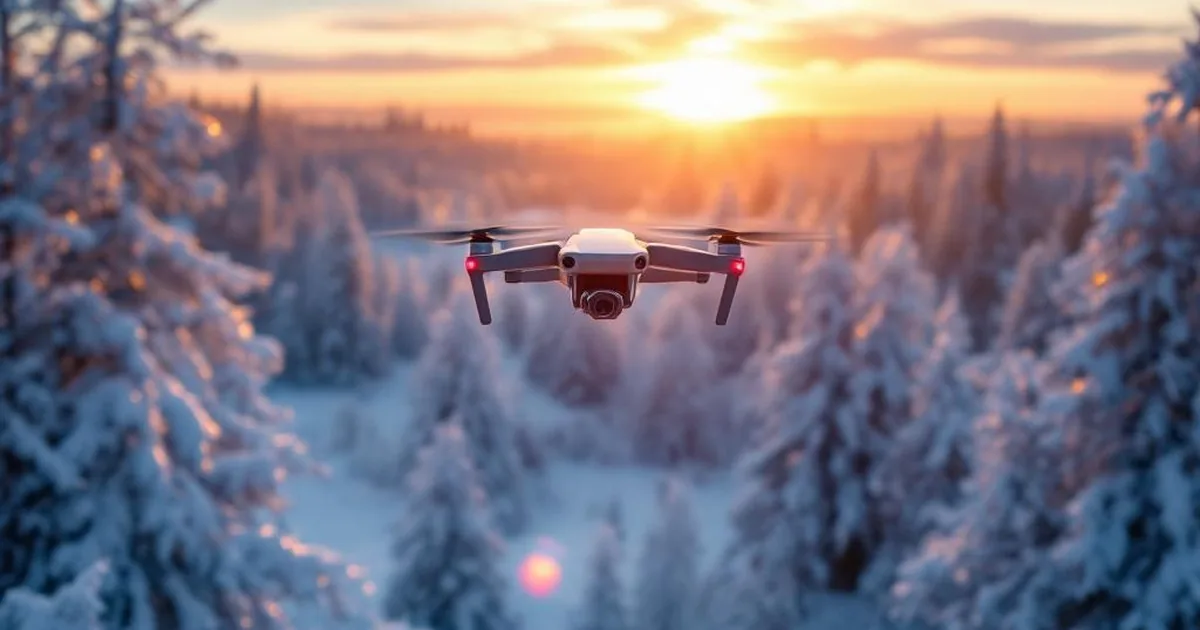 Eine DJI Mini 3 Drohne fliegt über einer winterlichen Landschaft mit schneebedeckten Bäumen, die Sonne geht unter.